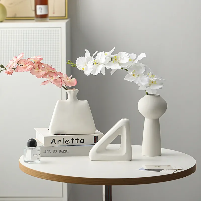 Modern White Ceramic High Foot Vase European Style Embryo Pot for Living Room Dining Table Home Flower Arrangement Decor