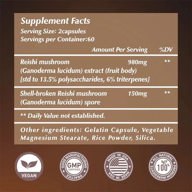 Reishi Capsules - Nervous System Support, Support Energy, Vitality, Immune & Heart Health and  Relieve Stress, Improve Sleep