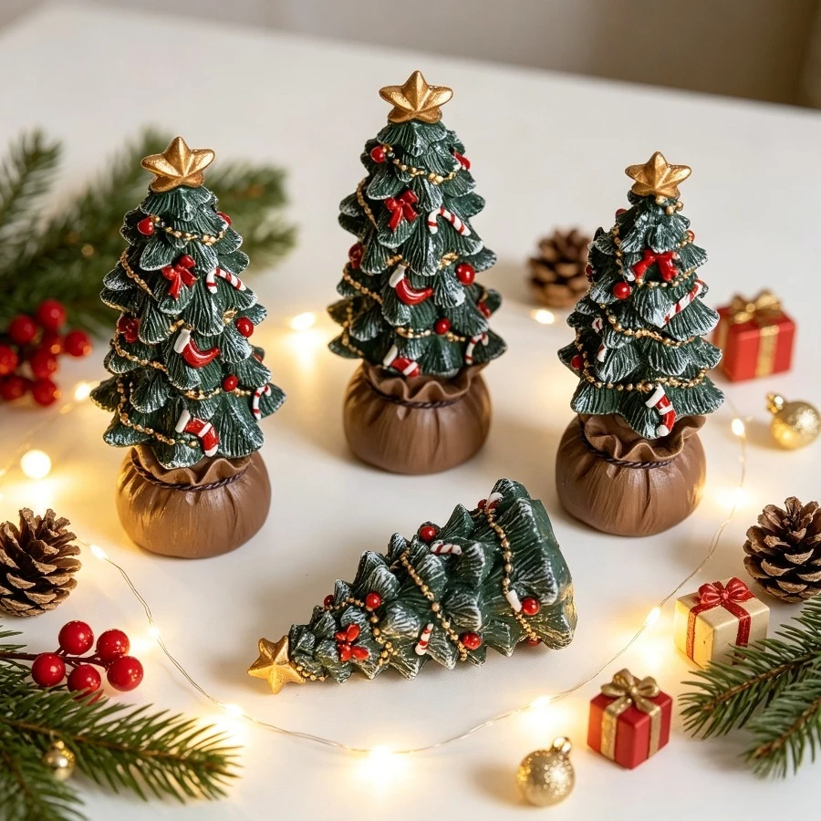 Small Tabletop Xmas Tree Resin Ornament Holiday Present Kit for Festive Gathering Home Desk Display Photo Backdrop Decoration