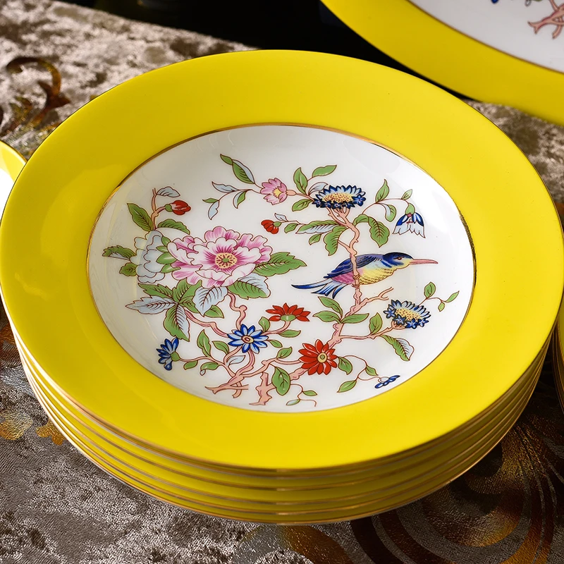 

8 Inch Bone China Dinner Serving Tray Floral Wedding Decorative Plates, Ceramic Soup Plate Porcelain Servies Buffet Dishes