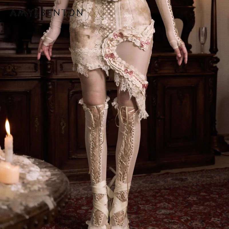 

Halloween Women's Clothing Original Design 2025 Autumn New Sexy Lace Retro Irregular Elegant Bow Self-cultivation Skirts Ladies