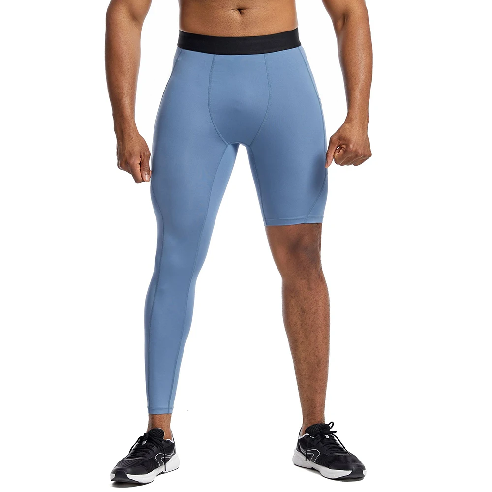 Running Compression Pants Men 1 Leg Long Training Sport Sweat Trousers Dry Fit Tights Side Pocket Gym Muscle Exercise Workout