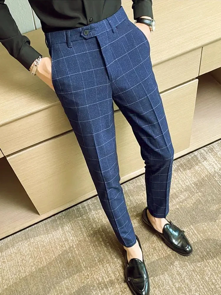 

Мужские модные высококачественные утягивающие клетчатые костюмные брюки, повседневные деловые узкие брюки для легкого дышащего материала