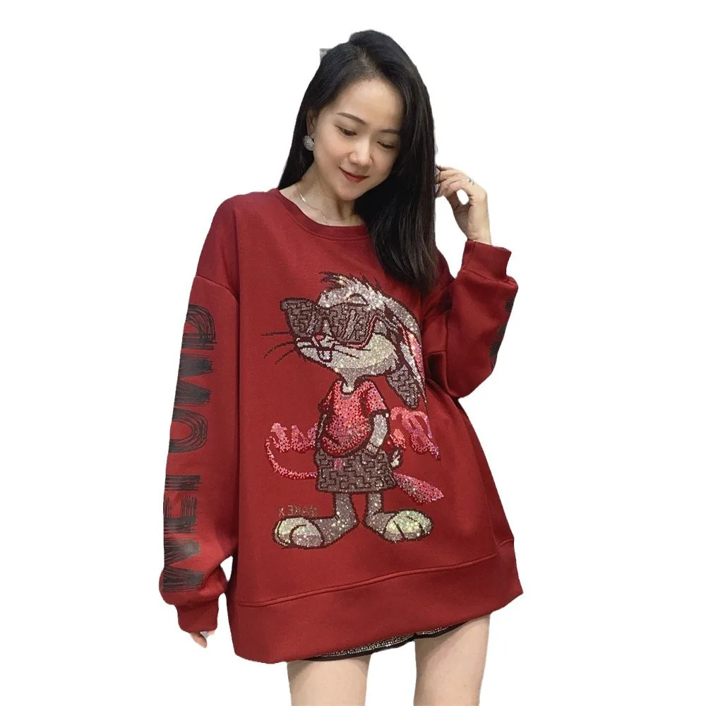 New Autumn Winter Loose O-neck Pullover Top All-match Women Space Cotton Hoodie Cartoon Hot Drilling Long Sleeve Sweatshirt