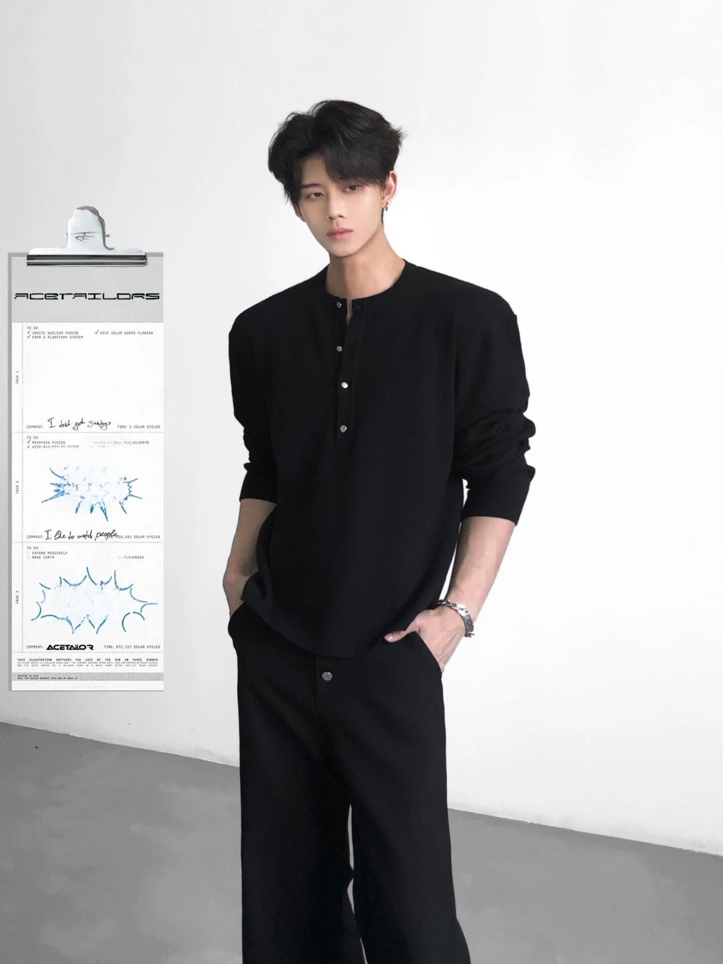 Ace High Intelligence Relaxing Henry Collar Wool T-Shirt CleanFit Slim Pure Color Shoulder Level Top for Men Fashion Urban Style