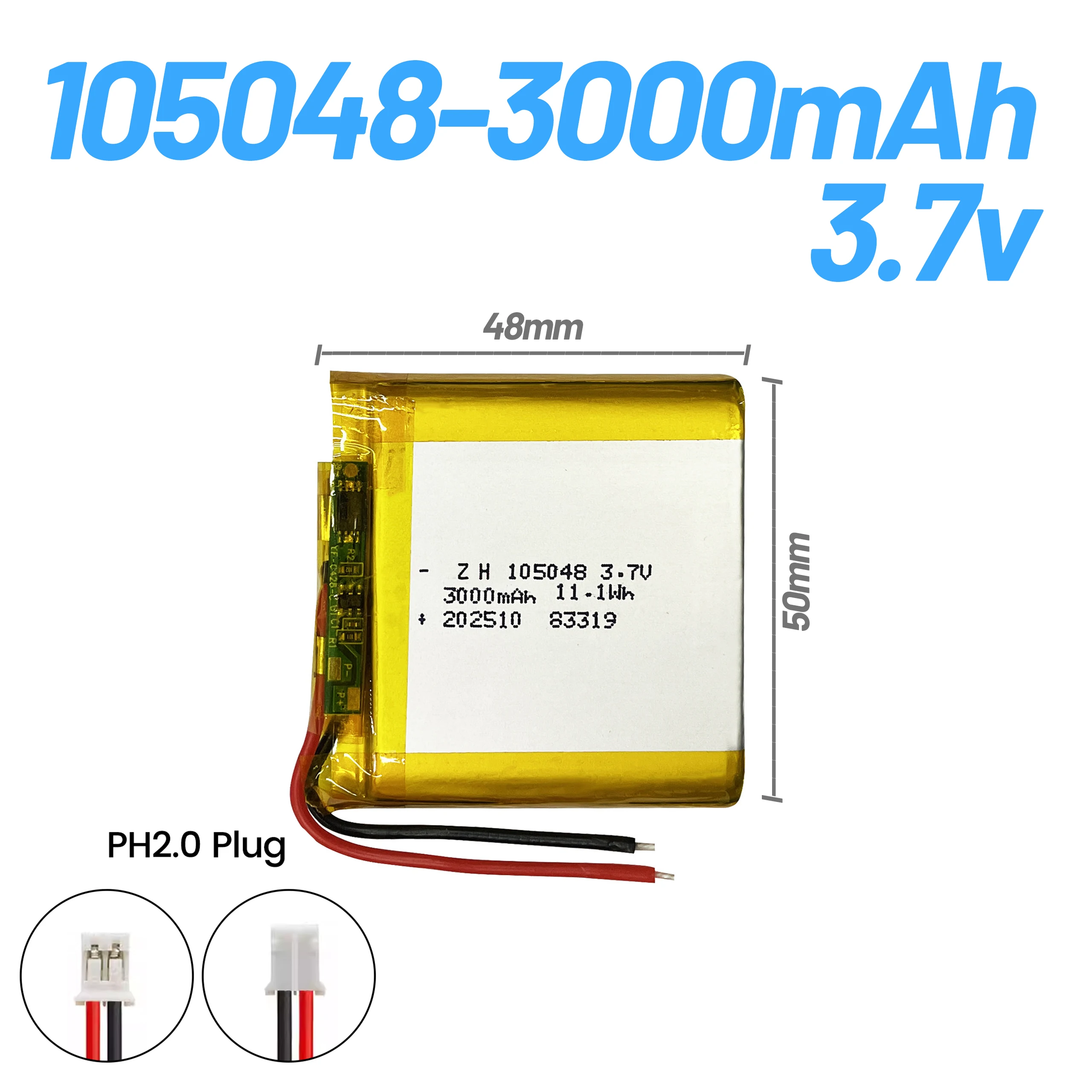 Polymer battery 105048 3000mAh 3.7V with protection board PH2.0 Plug/XH2.54 Plug/Without Plug battery