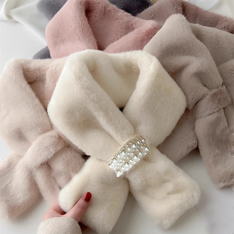 

Winter Pearl Plush Scarf for Women Autumn Thickened Warm Faux Fur Cross Scarves Girls Soft Neck Ring Scarf Korean Fashion