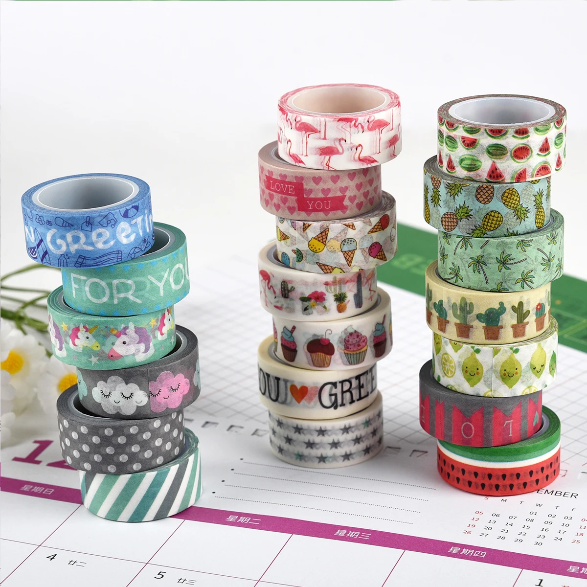 Kawaii Washi Tapes, Cute Cartoon DIY Masking Tape, Grid Sticky Note Paper for Scrapbooking & Journaling