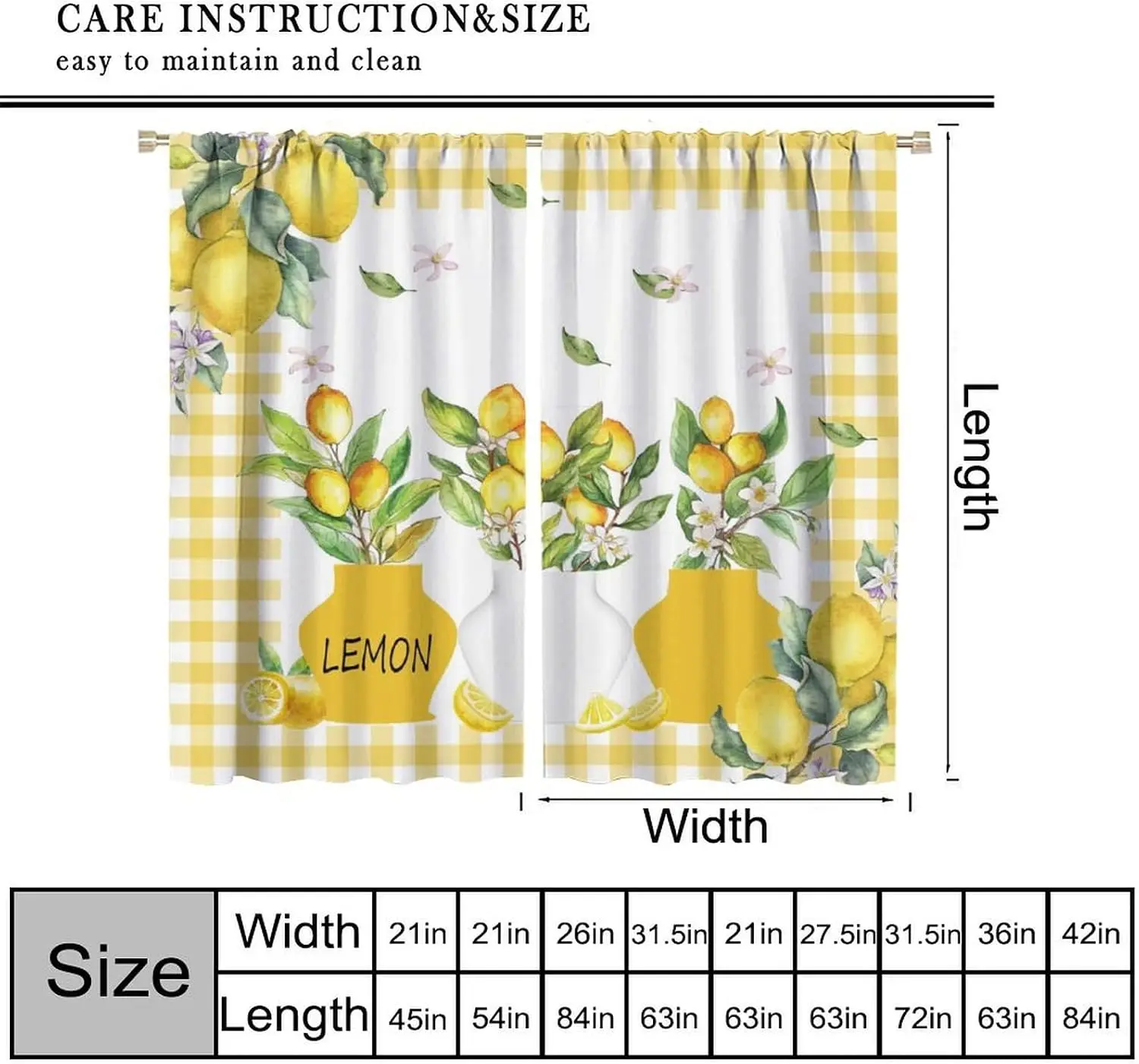 Yellow Check Vase Lemon Curtain 2 Panels Watercolor Citrus Flower Jar White Background Master Kitchen Fresh Summer Home Decor
