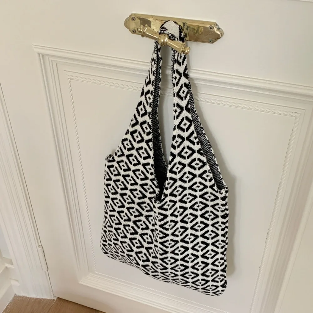 

Portable Stripe Woven Tote Bag Knot Large Capacity Knitted Shopping Bag Handbag Shoulder Bag Summer Beach Pouch School