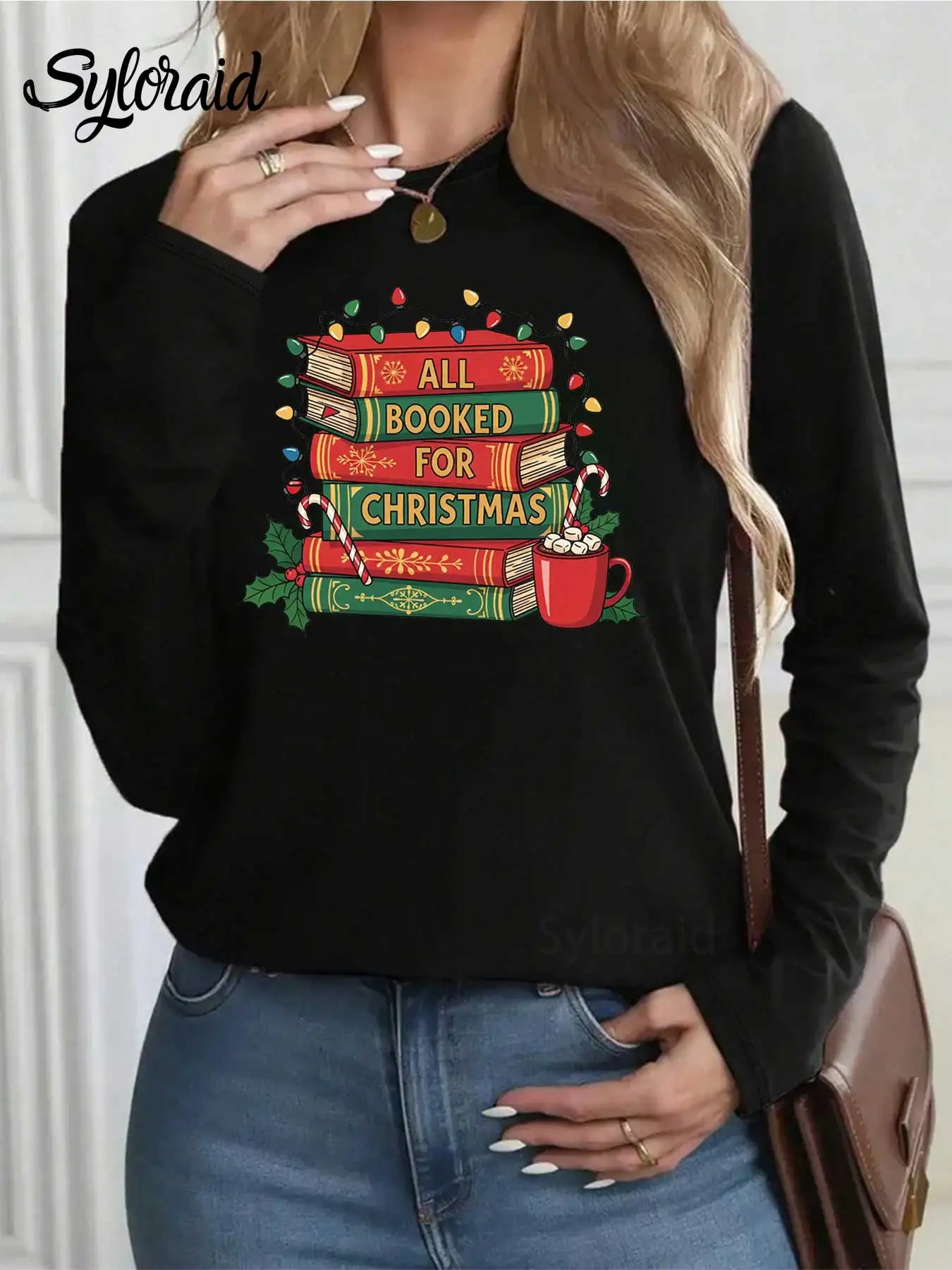تي شيرت نسائي طويل الأكمام مطبوع بالكامل لعيد الميلاد تي شيرت عيد الميلاد لمحبي الكتاب قميص عصري برقبة دائرية كاجوال #2