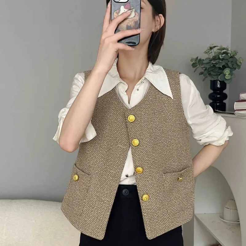 Women's Brown Tweed Sleeveless Vest Gold Button Stand Collar Waistcoat for Casual Wear