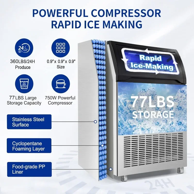 Commercial Ice Maker Machine Large Ice Storage Bin,Stainless Steel Under Counter Industrial Ice Machine for Bar,