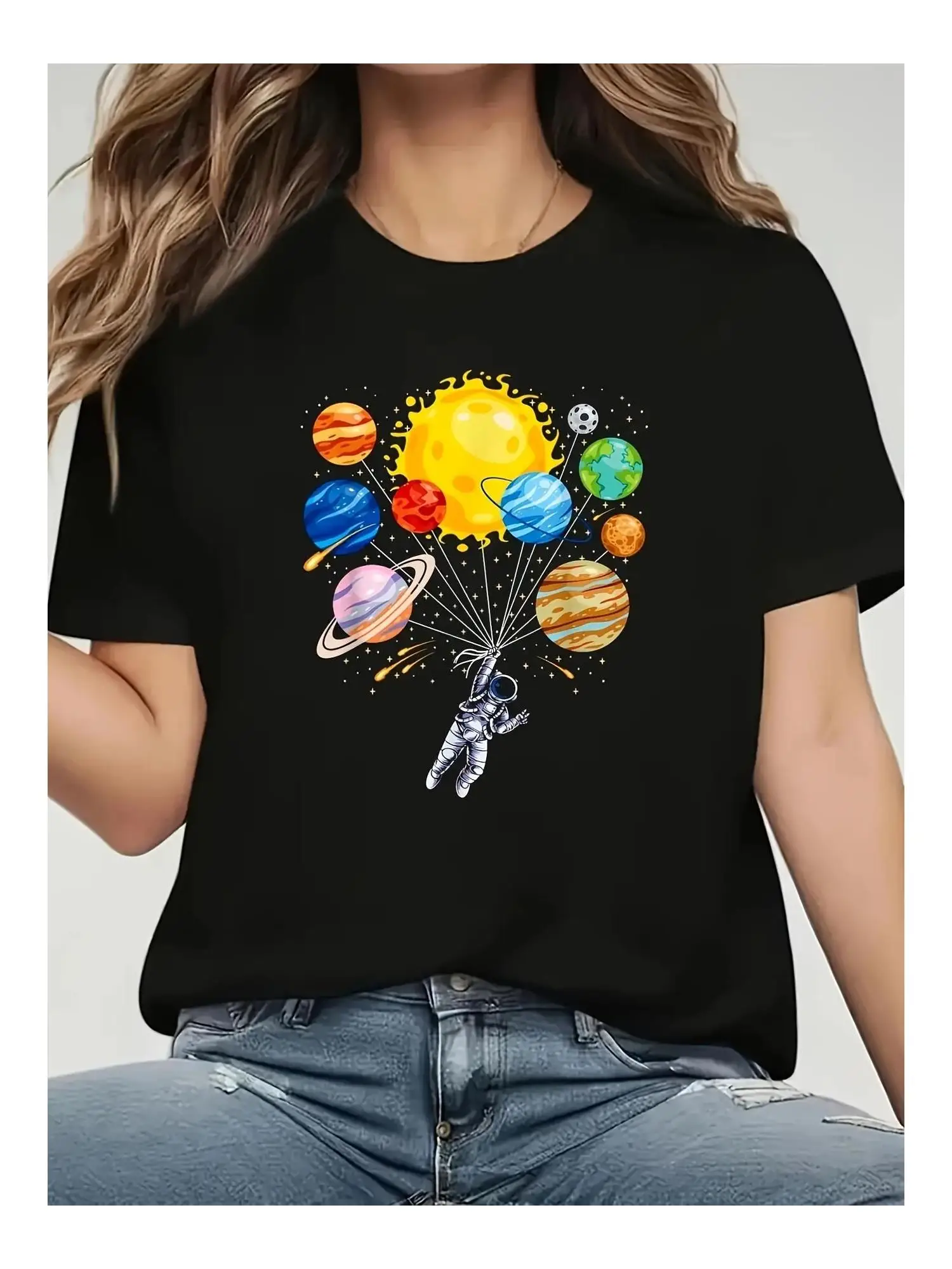 

Women's Casual Astronaut Solar System T-Shirt Short Sleeve Round Neck Tee with Space Balloons Planets Design for Spring Summer