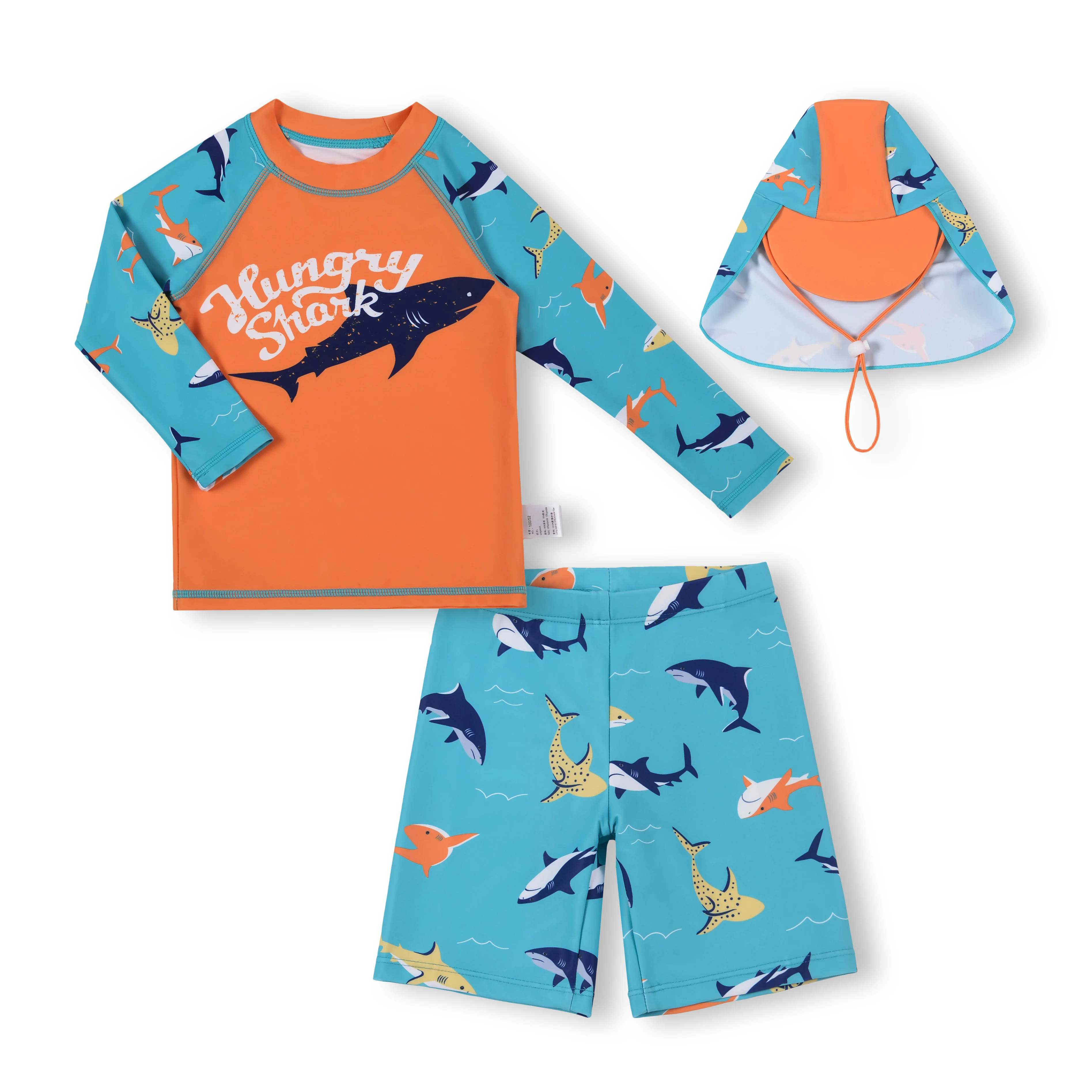 New Boys' Sun Protection Quick Drying and Anti Impact Swimming Suit Set of Three Shark Print Long Sleeves with Shorts and Hats