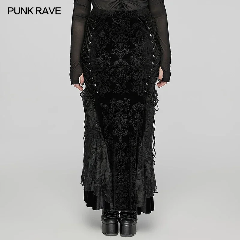 

PUNK RAVE Women's Gothic Gorgeous Embossed Velvet Fish Tail Skirt Plum Blossom Eyelets Drawstring Mysterious Party Long Skirts