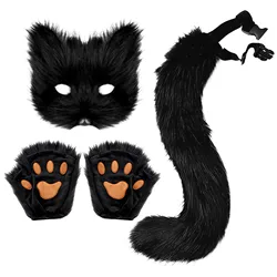 Therian-Ensemble masque, queue et gants pour Halloween, cosplay, accessoires, demi-visage, fausse fourrure enracinée, queue de renard, chats