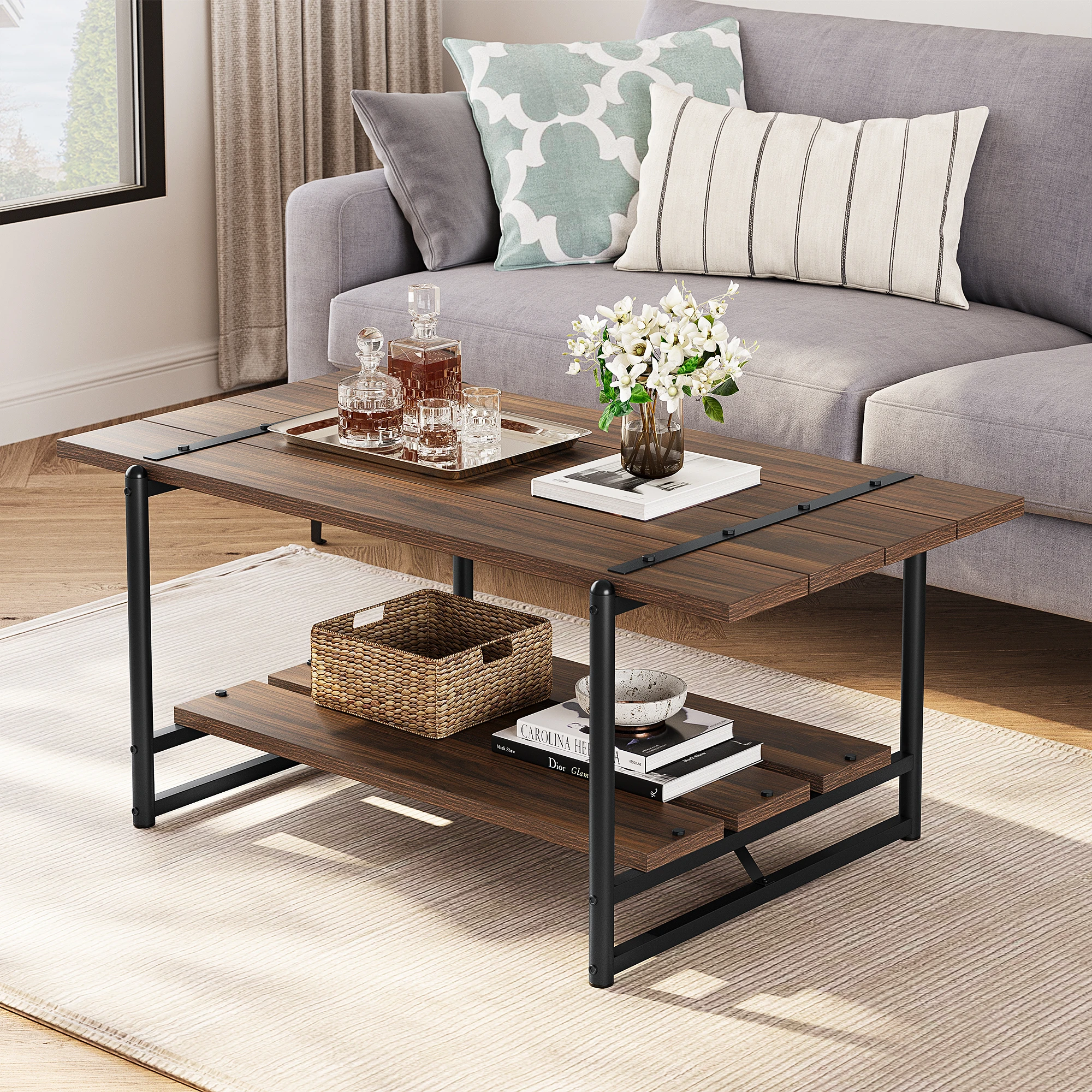 

2-Tier Wood Coffee Table, Farmhouse Coffee Table with Storage Shelf- Rustic Metal Rectangle Center Living Room Coffee Table