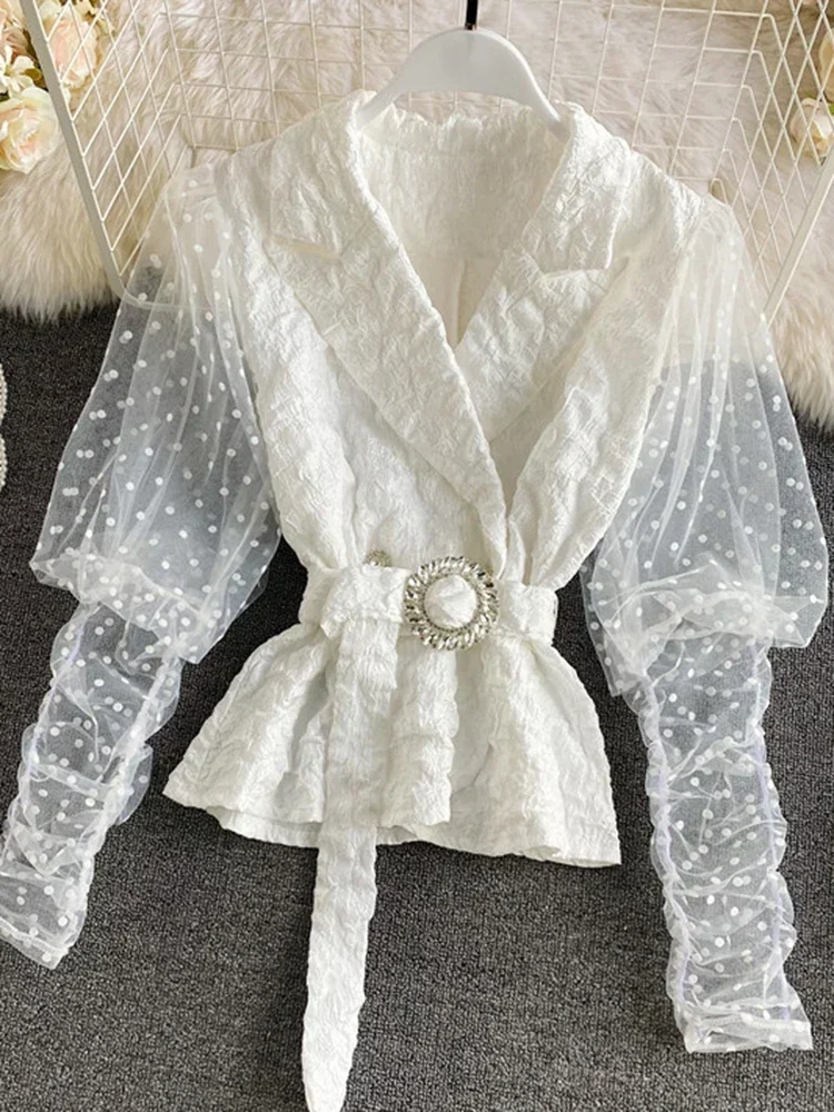 Spring Fashion Blouse Korean Temperament Suit Collar Waist Mesh Bubble Long-sleeved Doll Short Waist Waist Shirt Top UK424