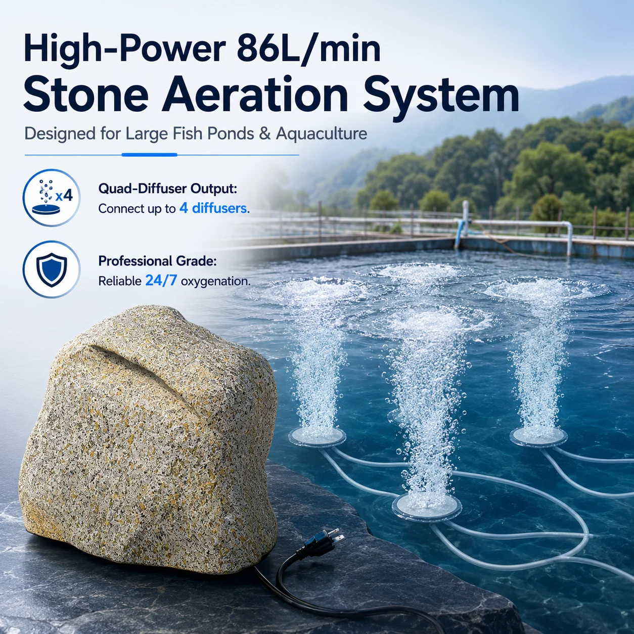 Decorative Rock-shaped Pond Aeration System With 4 Diffusers 86L/min Oil Free Piston Pump 500W Quiet 54dB For Fish Pond