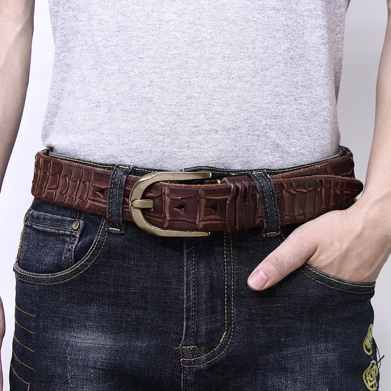 Thickened top layer cowhide belt men\'s genuine leather pin buckle belt retro embossed decoration male designer belt 101-125 cm