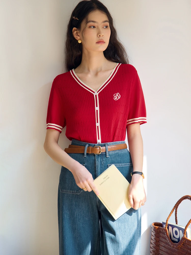 DUSHU Navy Blue Patchwork Design Women V-Neck Short Summer Thin Knitted T-Shirts Female Red Short Sleeve Tops 24DS82259