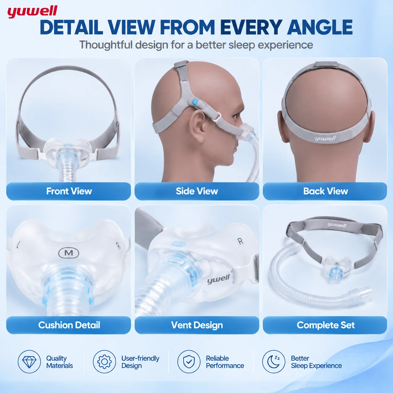 Yuwell YN-06 CPAP Nasal Mask Soft Silicone Cushion Sleep Apnea Mask Quiet Design 22mm Tube Comfortable Headgear Replacement