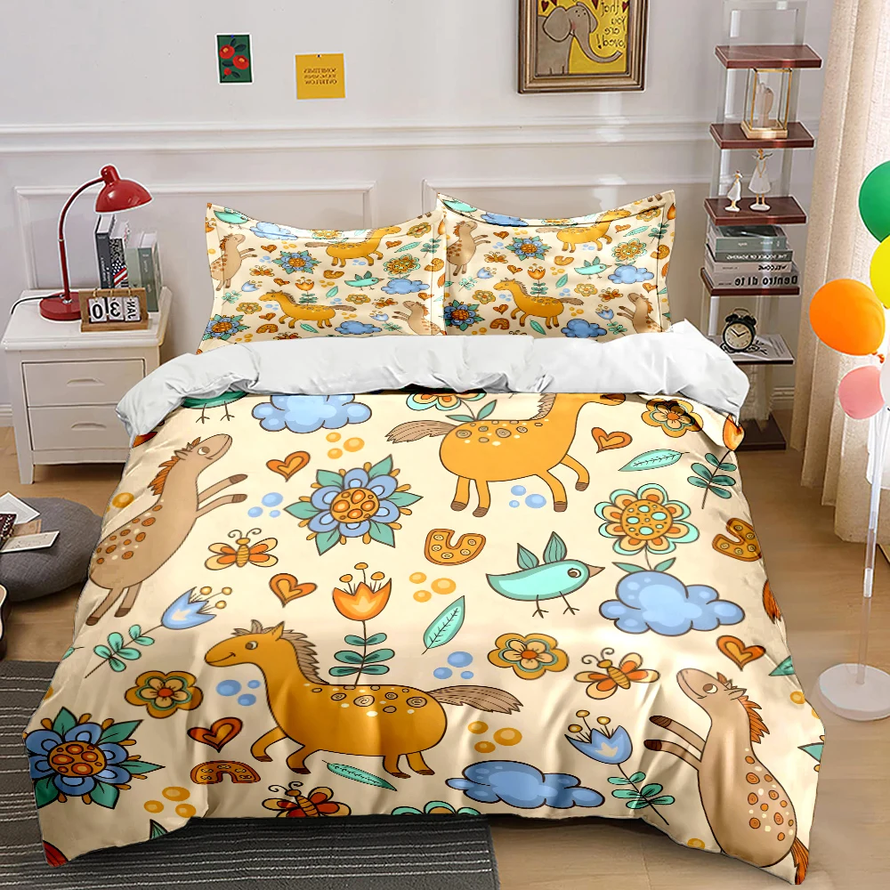 

Cartoon animals and floral Pattern Duvet Cover Set Digital Print Colorful Polyester Bedding with Zipper Closur for kids gifts