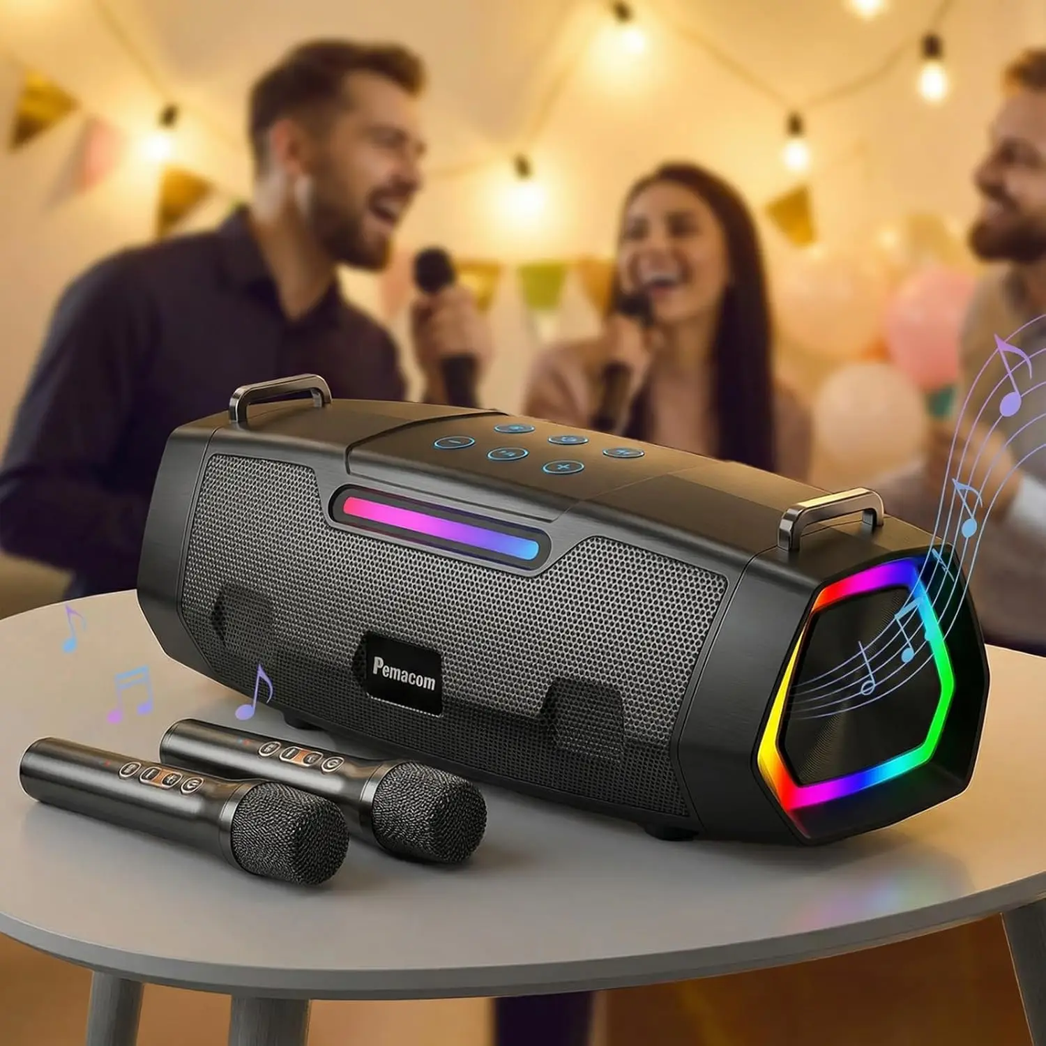 

Powerful 60W Speaker with RGB Lighting and Shoulder Strap - with 2 Wireless Microphones Portable Karaoke Machine