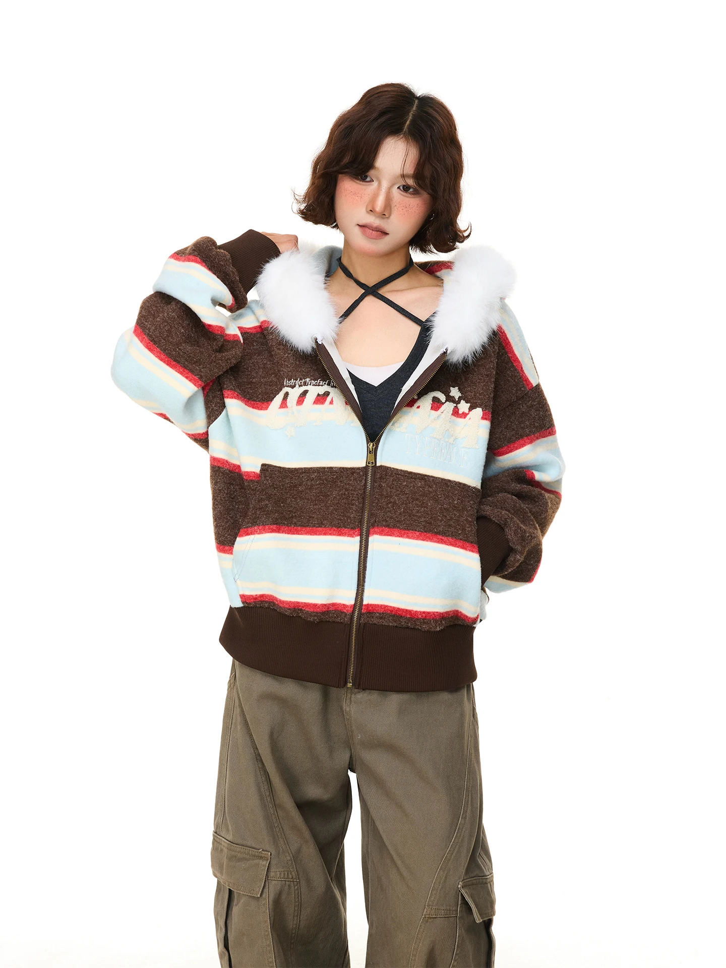 

Куртка женская Chen Zhanlao Store в стиле ретро, с цветными полосками, с капюшоном, осенне-зимняя, свободного кроя, из хлопка, утепленная