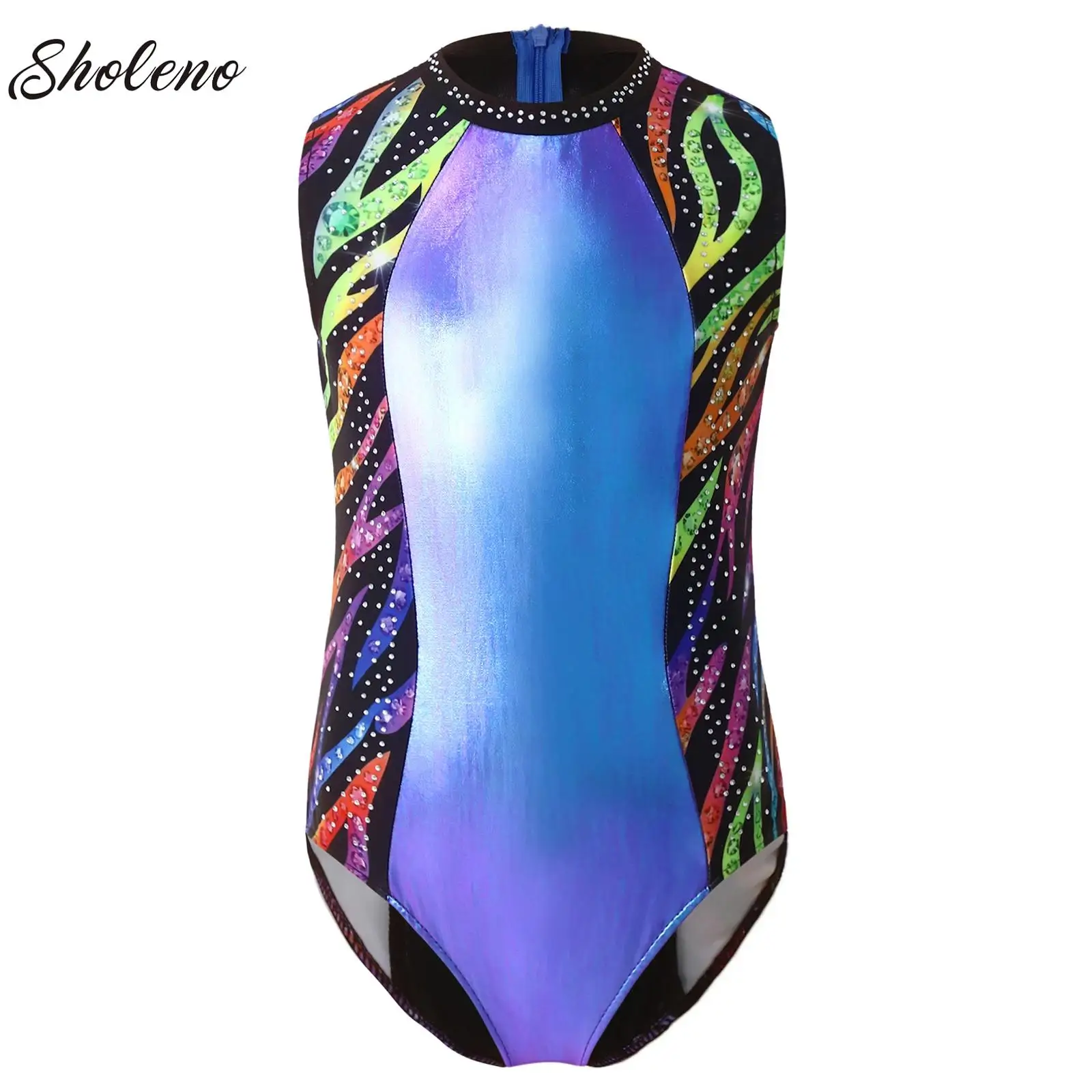 

Girls Sparkle Rhinestone Figure Skating Clothes Acrobatics Gymnastics Leotard Patchwork Dance Bodysuit for Ballet Performance