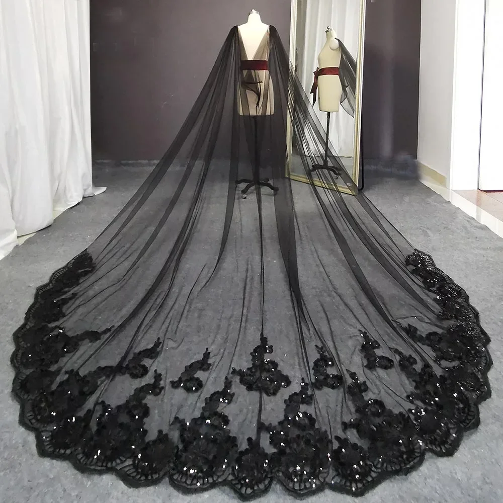 

Customized Real Photos Black Long Wedding Boleros Bling Sequins Lace Cathedral Bridal Cape Bolero Mariage Shoulder Veil