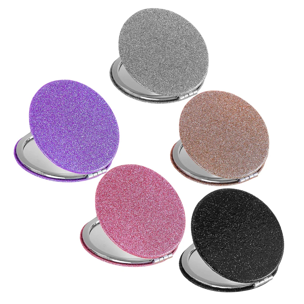 5 Stück tragbarer, zusammenklappbarer runder Make-up-Spiegel, glitzernd, doppelseitig, für Reisen, Zuhause, Büro, kleiner Kosmetikspiegel, Damen-Geldbörsenspiegel