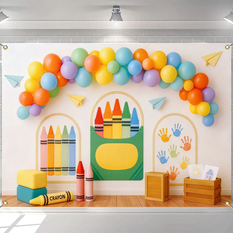 

LS Back to School Kindergarten Student Theme Party Backdrop Color Brush Apple Bus Blackboard Decor Background Kids Photocall