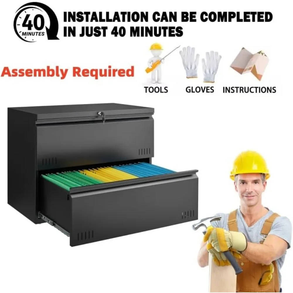 Archivador seguro de metal con 2 cajones para archivos A4, cartas y legales: negro, compatible con soporte para impresora, solución de almacenamiento de oficina