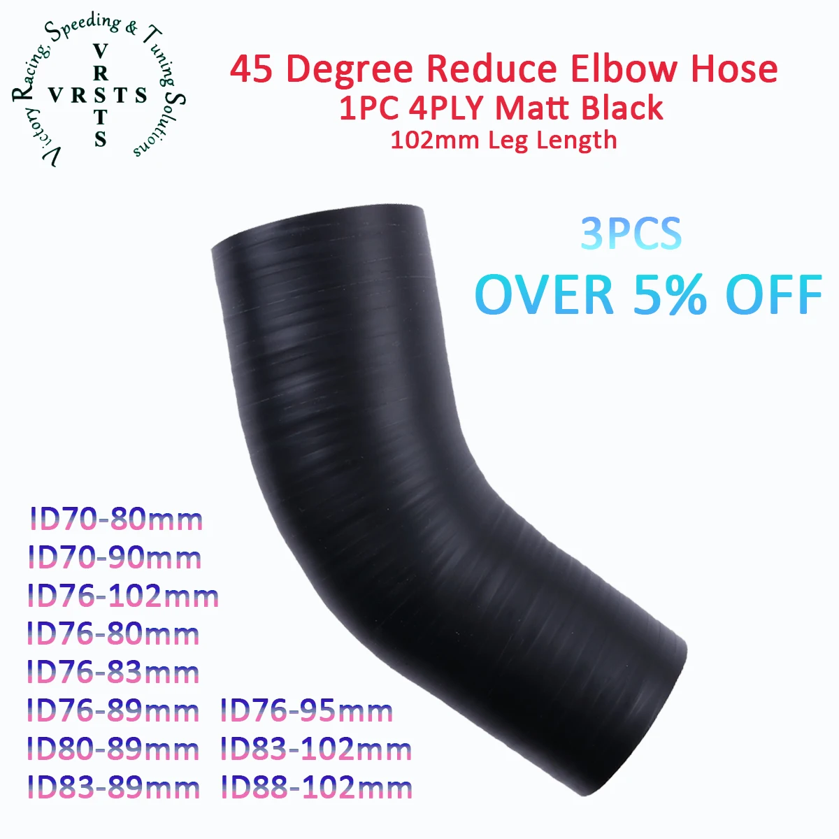 4PLY 45°102mm Length 45 Degree Reduce Elbow Silicone Coolant Intercooler Hose ID 70 76 80 83 88 89 90 95 102 MM 1PC Matt Black