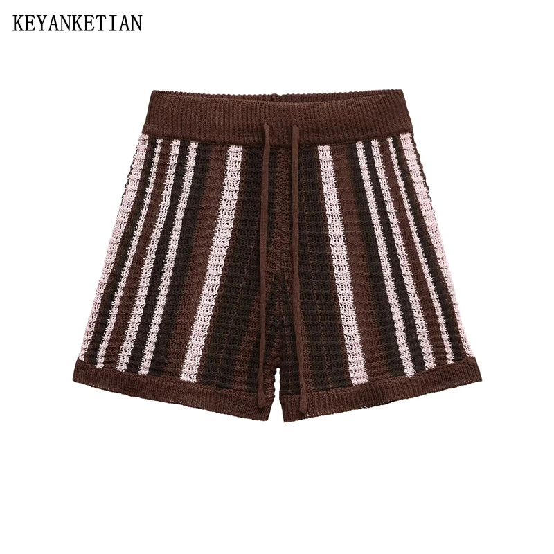 

KEYANKETIAN новые летние женские трикотажные шорты в вертикальную полоску в стиле ретро, тонкие повседневные шорты с эластичной резинкой на талии