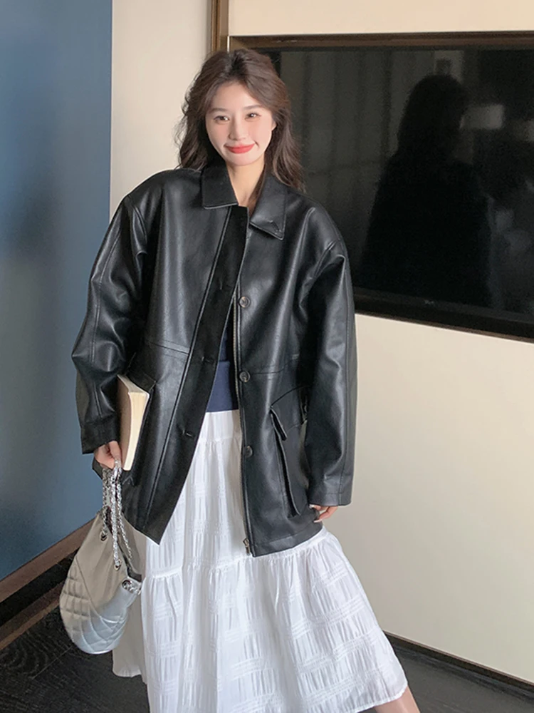 LANMREM Korean Moto Style PU Leather Jacket For Women Lapel Single Breasted Solid Color Casual Coat 2024 Autumn New 2Z2537