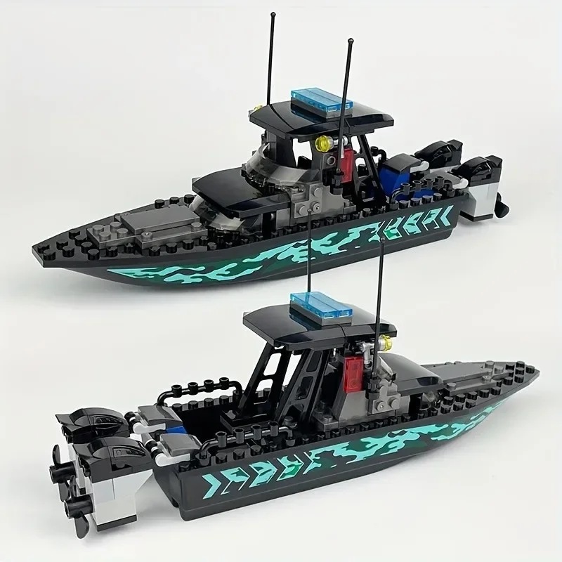 89pcs City Police Moc SWAT Black Camouflage Sea Speedboat Assault Boat Model, Small Puzzle Building Block Toy Accessories