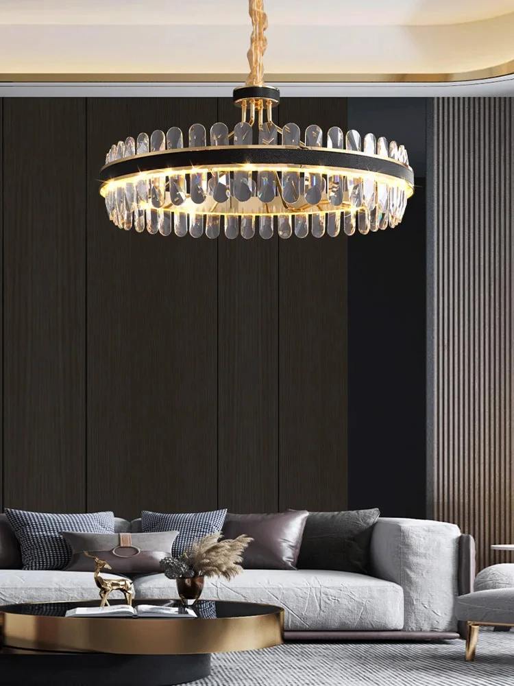 Leather K9 Crystal LED Light Ceiling Chandeliers Luxury Round Hanging Lamps Modern Home Decor for Living Room Restaurant Bedroom