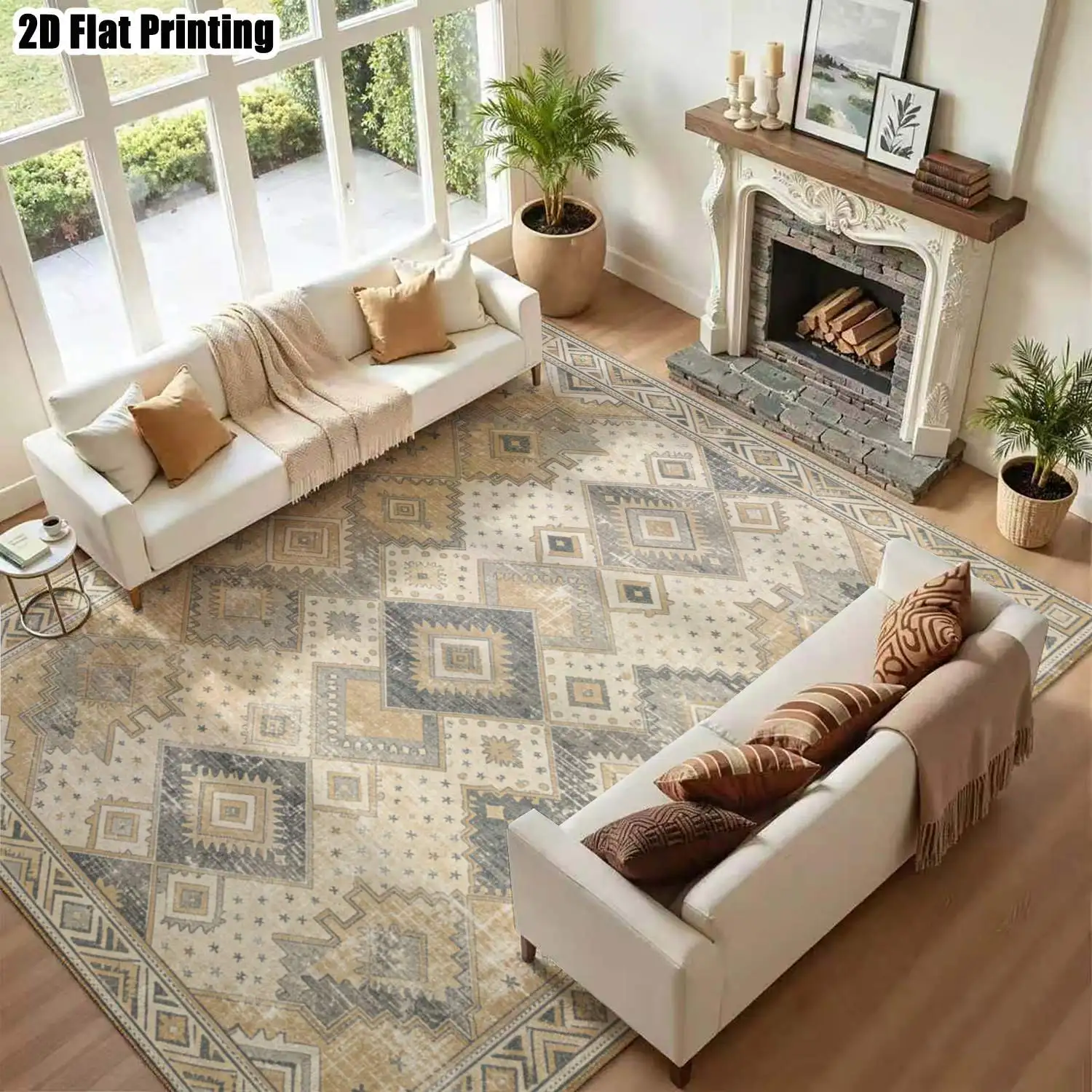 1Pc 2D Printed Retro Blue-Grey Geometric Carpet, European & Bohemian Style, Multi-Size, Machine-Washable, for Entrance, Dining Room, Foyer, Bedroom, Living Room Home Decoration