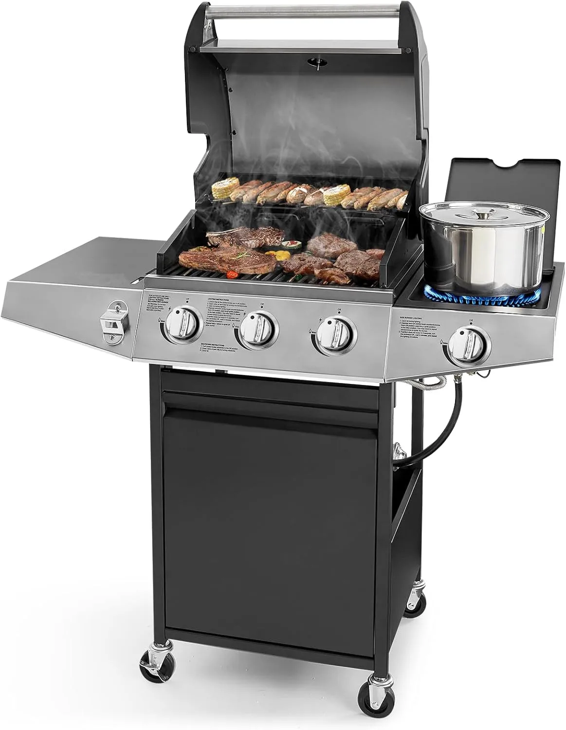 

3-Burner Propane Gas Grill with Side Burner, Wheels & Thermometer, 37000 BTU