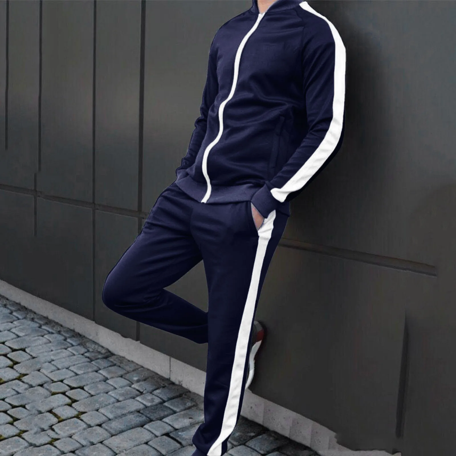 Men 2-Piece Set Solid Long Sleeve O Neck Sports Slim Fit Suit for Men  1 PC Tops And 1 PC Shorts Soft And Comfortable Set