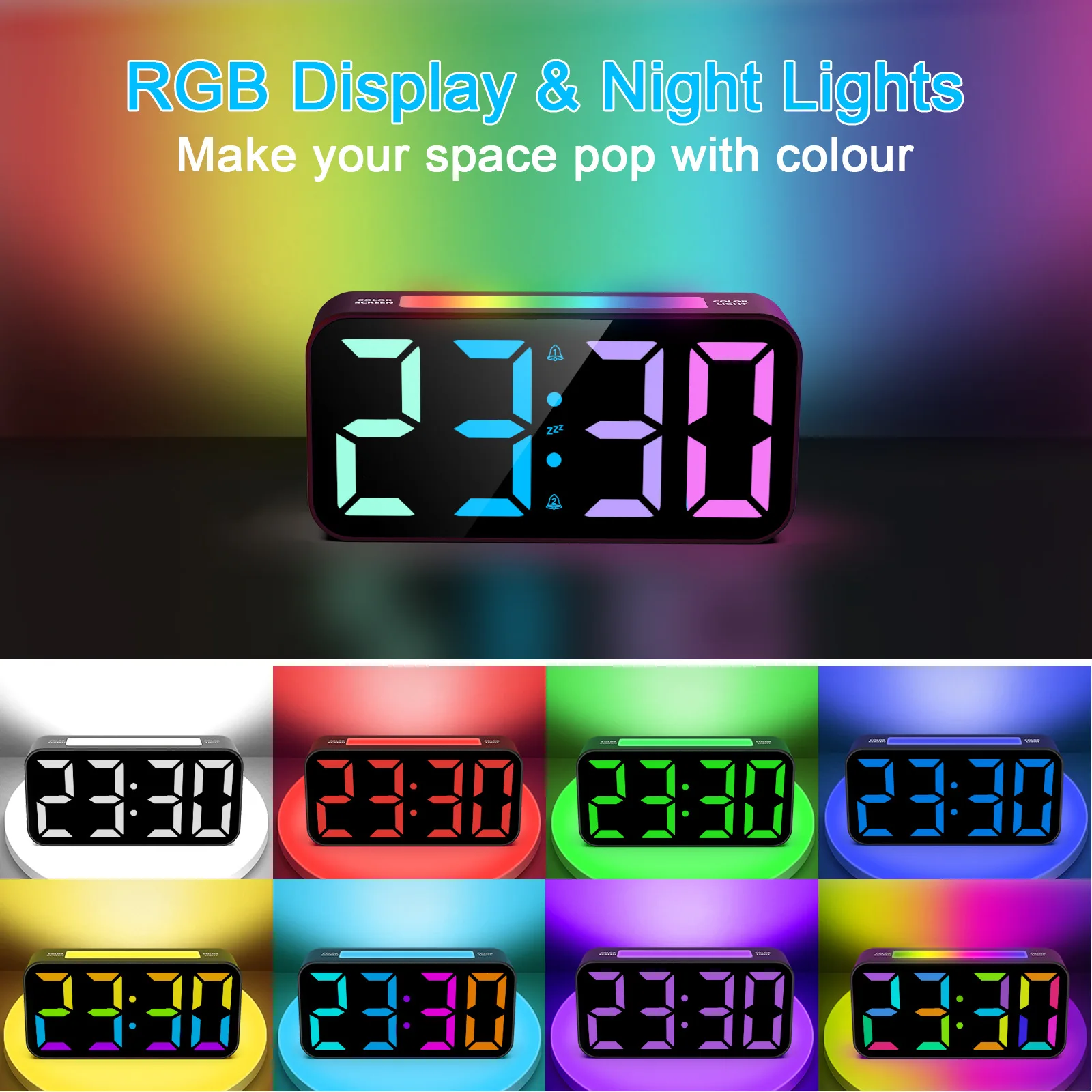 ساعة منبه LED بإضاءة ليلية RGB مع ضوء مزاجي 2 منبه مع جرس ساعة إضاءة ليلية رقمية هزازة طاقة USB