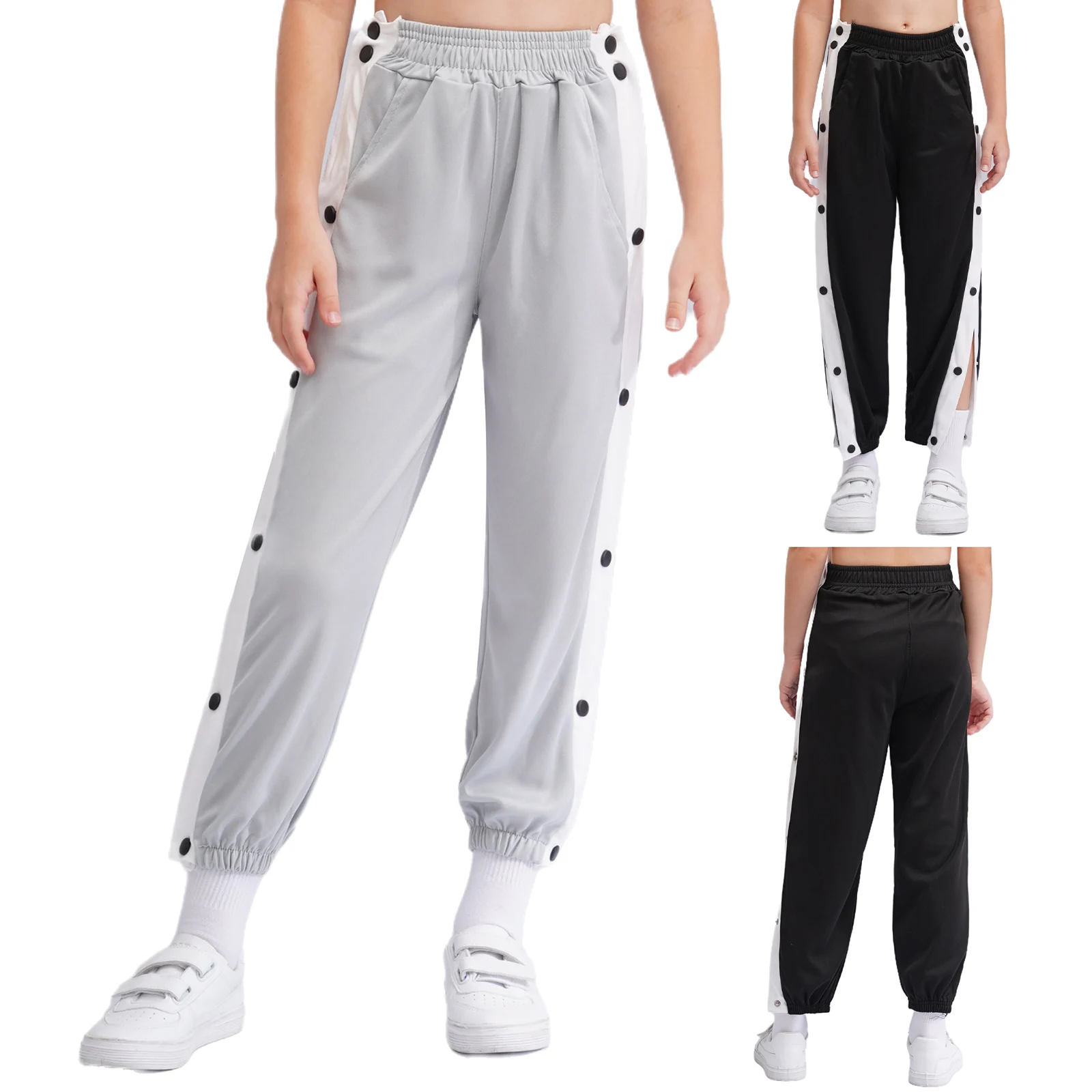 Kids Boys Girls Fashion Side Split Press Button Pants Casual Contrasting Stripe Sweatpants Sport Basketball Trousers Streetwear