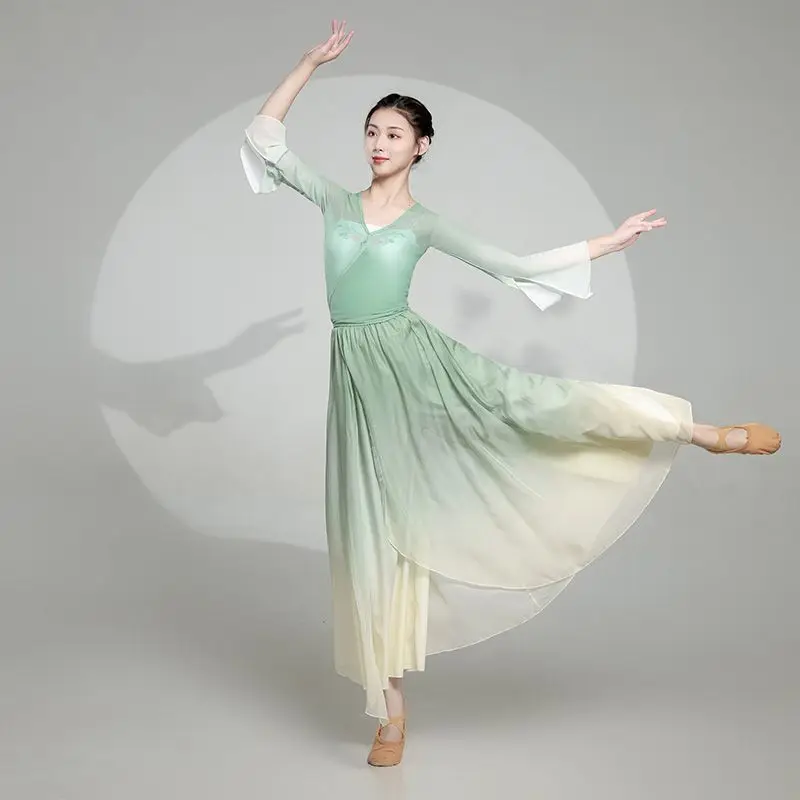 [Eleganza sfumata] Costume da danza classica, Costume da pratica di danza cinese, Costume da ballo, Figura aggraziata da donna, Elastico