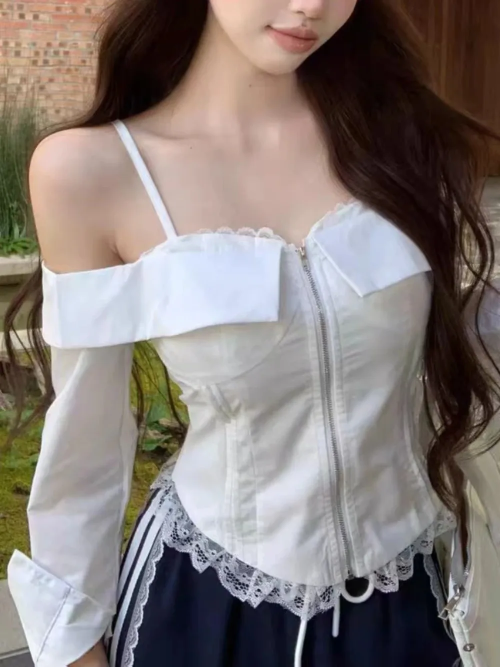 Off Shoulder Long Sleeve Women's Blouses Y2k Fashion Shirts Lace Slash Neck Blusas Ropa Mujer 2026 New Sweet Hot Girl Tops