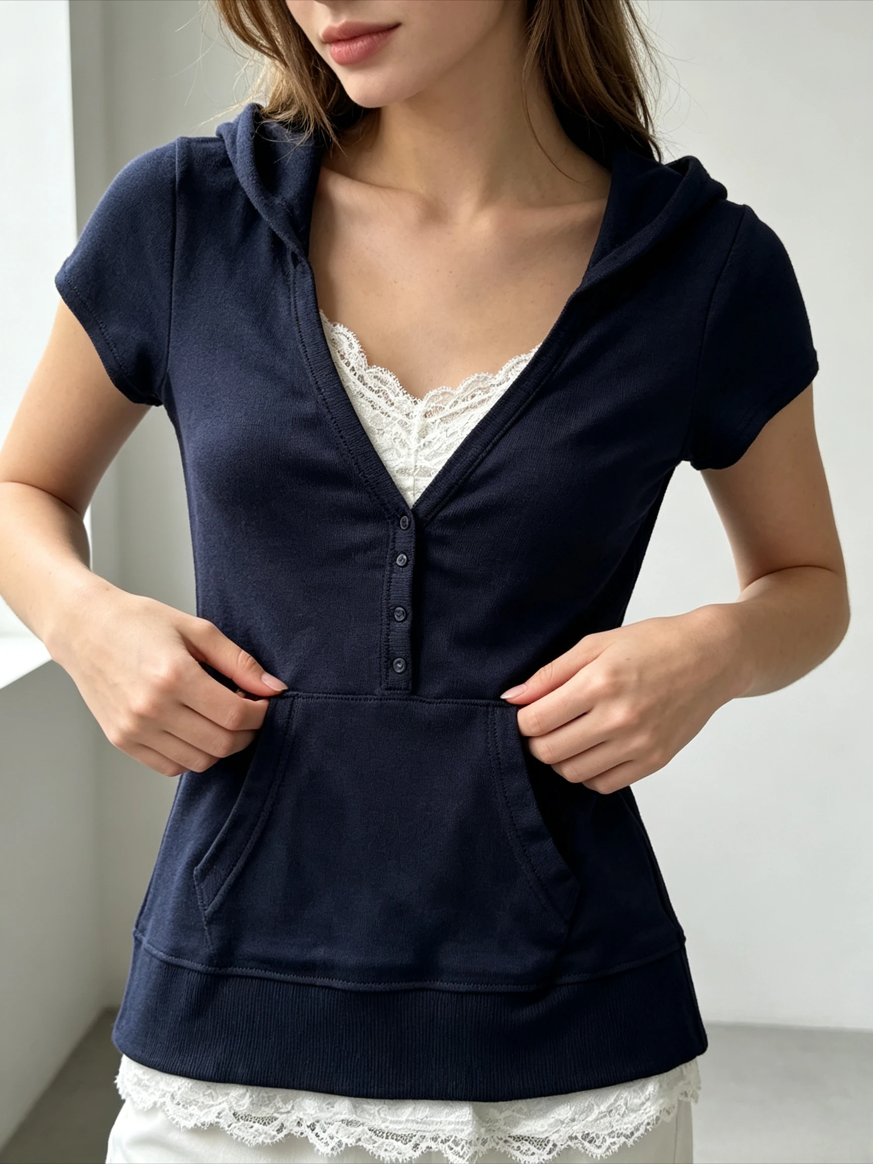 No Lining Navy Ribbed Short Sleeve Hooded Tee Henley Button Detail Kangaroo Pocket Slim Fit Soft Stretchy Casual Shirt