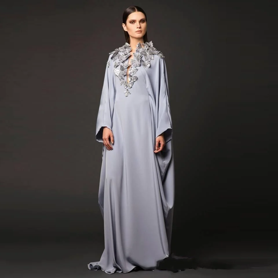 Floral Evening Gowns Cloak Style 2024 Dubai Women Applique Formal Occasion Party Prom Gown with Sleeve Train Vestido de festa