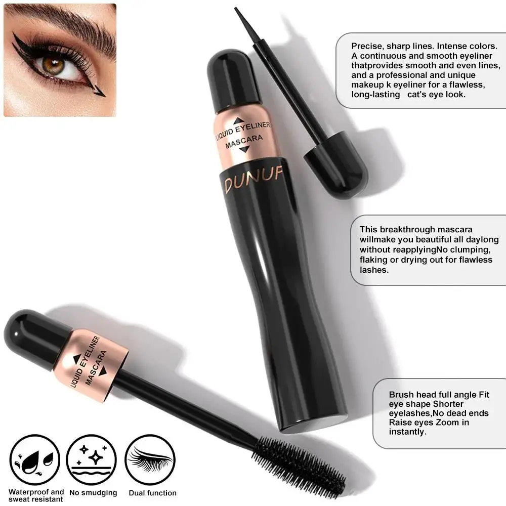 DUNUF Kit de delineador de ojos y máscara doble, sin manchas, alarga el volumen de rizo, resistente al agua, juego de maquillaje de ojos negro